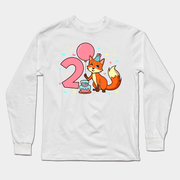 I am 2 with fox - girl birthday 2 years old Long Sleeve T-Shirt by Modern Medieval Design